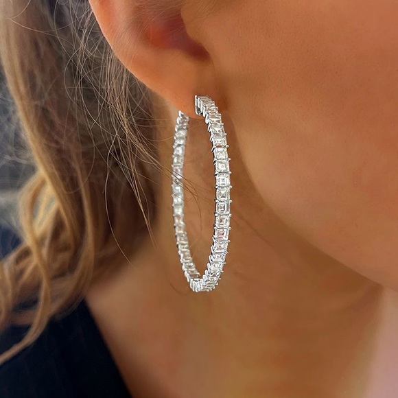 Classic Asscher Cut Hoop Earrings 925 Sterling Silver - Picture 2 of 4